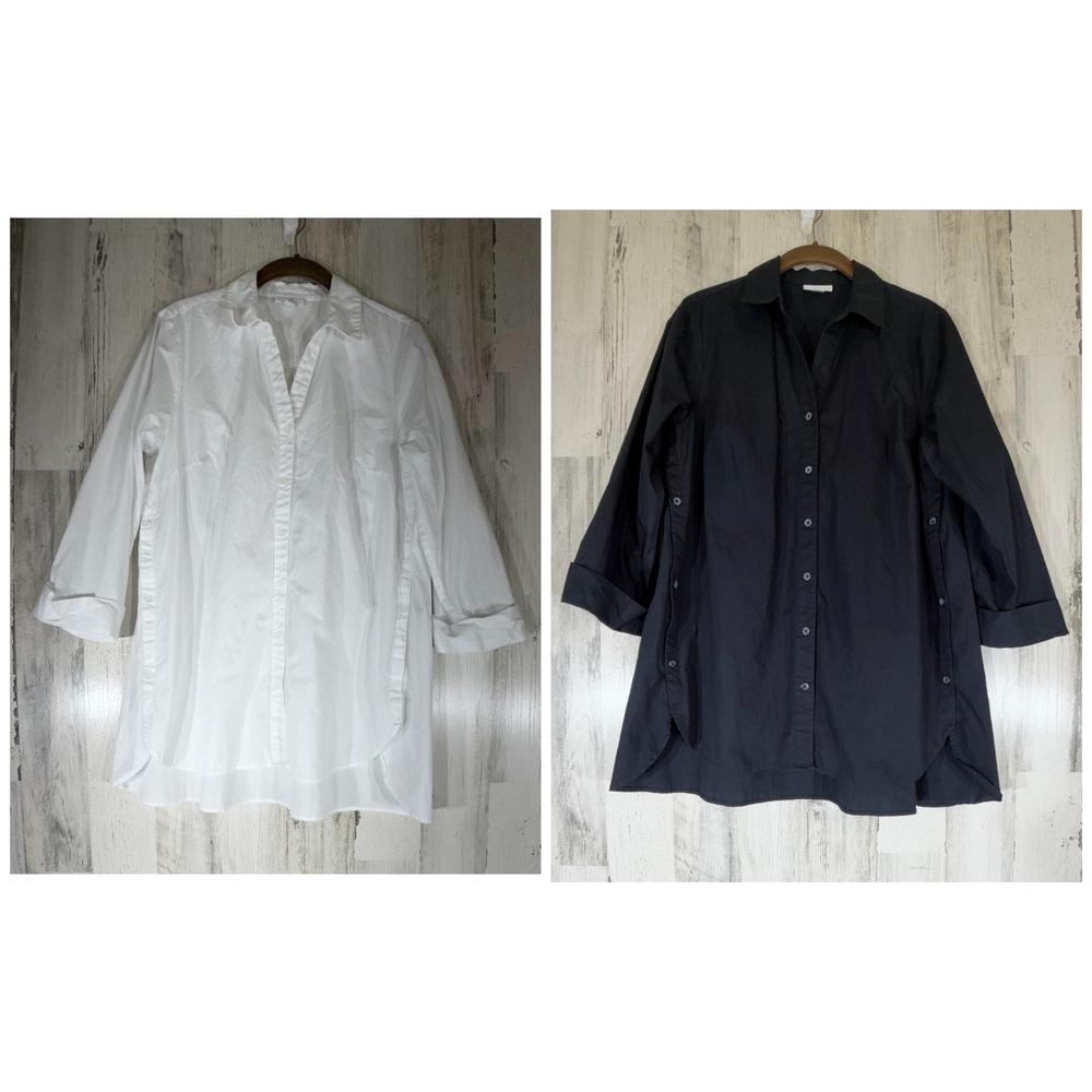 J Jill Lot of 2 Button Up Tunics White Black Cotton Side Button 3/4 Sleeve Roomy